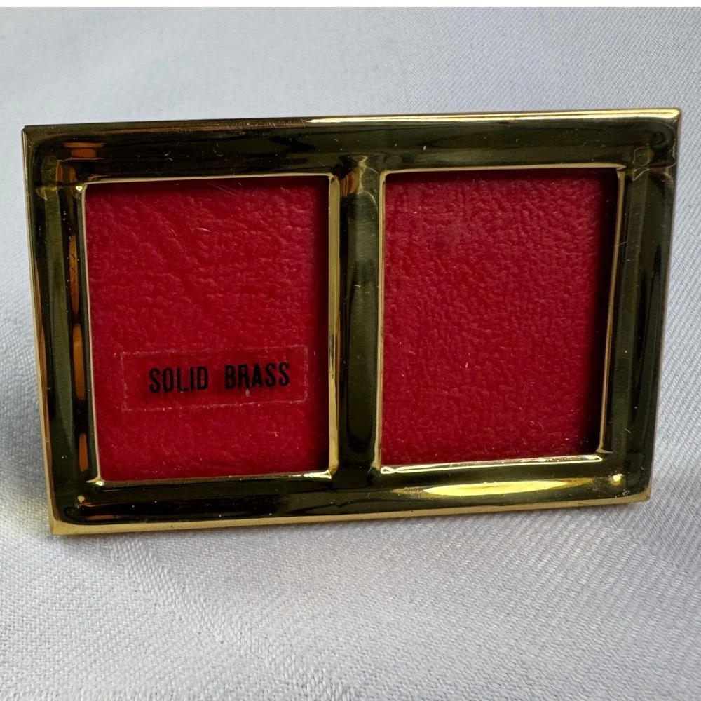 Vintage Solid Brass Miniature Double Picture Frame Gold Tone Tabletop BP 222